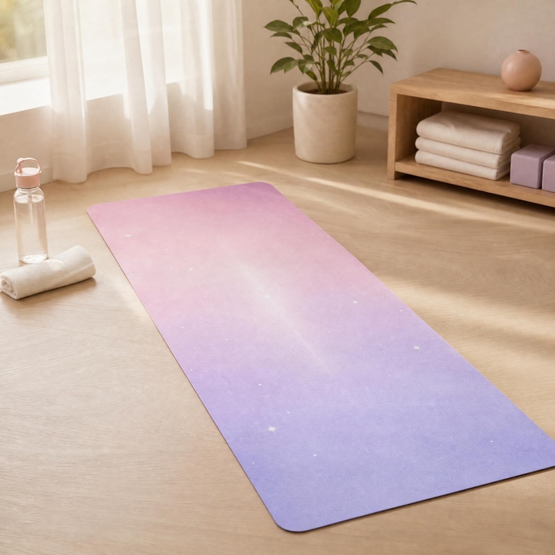 May include: A yoga mat with a gradient design, transitioning from pink to purple. The mat features a subtle star pattern and a central white streak. It is rolled out on a wooden floor, suggesting a space for exercise and relaxation.
