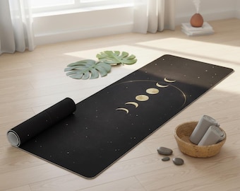Schwarze Himmlische Yogamatte mit Goldmond - Midnight Astrology Workout Matte - Ästhetische Dunkle Pilates & Meditations Matte