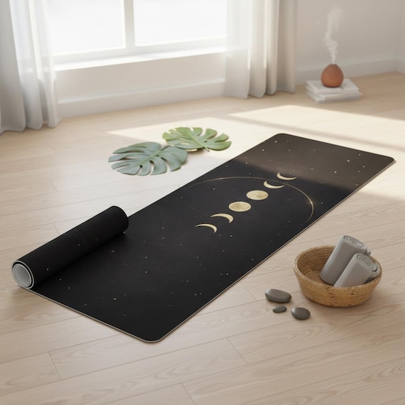 Black Celestial Yoga Mat with Gold Moon - Midnight Astrology Workout Mat - Aesthetic Dark Pilates & Meditation Mat
