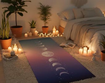 Esterilla de yoga con fases lunares / Caucho natural extragrueso, antideslizante, diseño celestial, regalo espiritual para amantes del yoga, esterilla de meditación, estética mística.