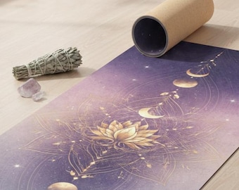 Himmlische Mandala Yogamatte - Mondphase Heilige Geometrie, exklusives spirituelles Boho Fitness Geschenk