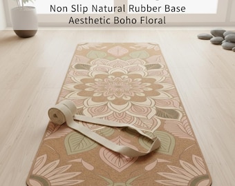 Mandala Wildleder Yogamatte - Rutschfeste Naturkautschukbasis - Ästhetische Boho Blumen Übungsmatte für Yoga & Pilates, 24 "x70" mit Gurt