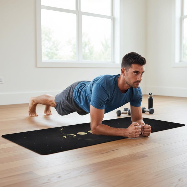 Black Celestial Yoga Mat – Gold Moon Phases, Astrology Workout Pilates (3mm) image 4