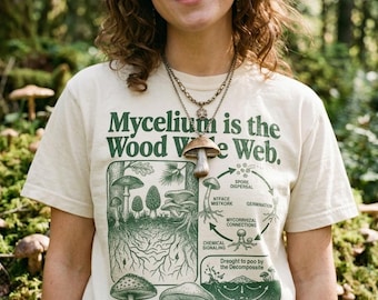 Mycelium Wood Wide Web Shirt, Vintage Pilz Infografik T-Shirt, Retro Wald Natur Ästhetik, Fungi Wissenschaft Grafik T-Shirt, Botanische Kunst