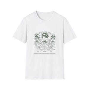 May include: White t-shirt featuring a detailed diagram of three trees, including their roots and the flow of nutrients. The graphic is in shades of green and gray, with text labels indicating various elements of the tree's ecosystem.