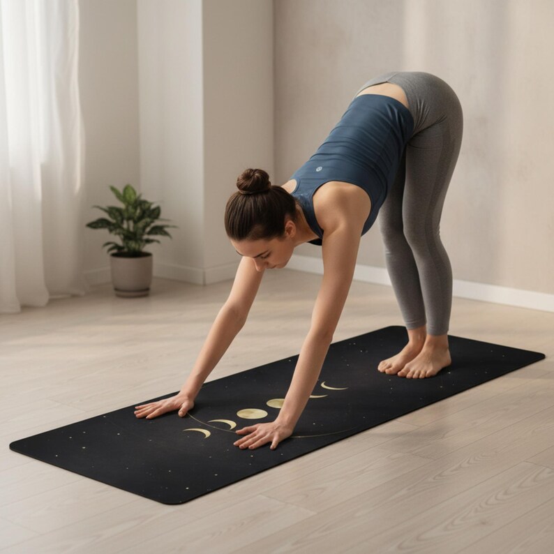 Black Celestial Yoga Mat – Gold Moon Phases, Astrology Workout Pilates (3mm) image 6