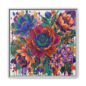 Maximalist Floral Canvas Wall Art, Bold Colorful Abstract Flower Painting Print, Large Vibrant Jewel Tone Artwork, Framed Statement Fine Art