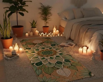 May include: A rectangular yoga mat featuring a large, central mandala design composed of layered, leaf-shaped petals in shades of forest green, sage, and cream, set against a tan background, laid flat on a textured, light-colored rug.