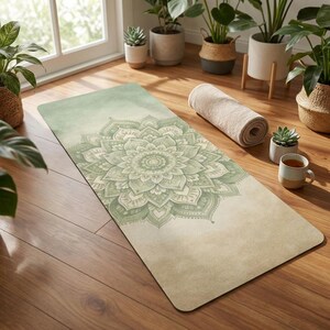 May include: A yoga mat with a large, detailed mandala design in shades of green and cream. A rolled-up beige towel and a cup of tea are next to the mat. The mat is on a wooden floor, with plants in the background.