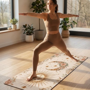 Sun Moon Yoga Mat, Vintage Floral Alignment Design, 24x70