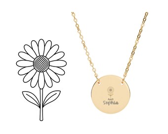 Personalisierte Geburtsblumenkette - individuell gravierter Kreisanhänger, Geburtsmonat-Blumenschmuck, minimalistische Namenskettengeschenk für sie