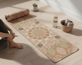 Boho Blumen Mandala Gummi Yoga Matte | Erdfarben Lotus Design