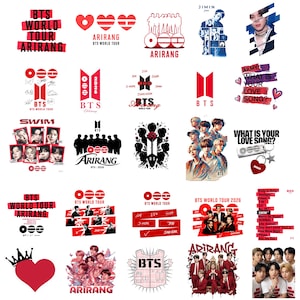 Op de afbeelding: Een verzameling rode en witte BTS-thema graphics. Ontwerpen bevatten tekst zoals "BTS World Tour", "Arirang" en namen van leden. Afbeeldingen tonen harten, silhouetten en groepsfoto's, ideaal voor fan merchandise.