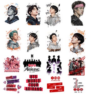 Könnte beinhalten: Eine Sammlung von BTS-Themenaufklebern und Grafiken. Die Bilder zeigen Porträts der Bandmitglieder, das BTS-Logo und Texte wie "Love Army" und "Arirang". Die Farbpalette umfasst Schattierungen von Lila, Rot und Schwarz.