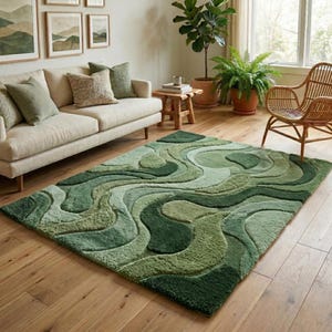 Sage Green 3D Wavy Carved Wool Rug – Natural Moss Pattern Hand-Tufted Area Carpet for Modern Living Rooms