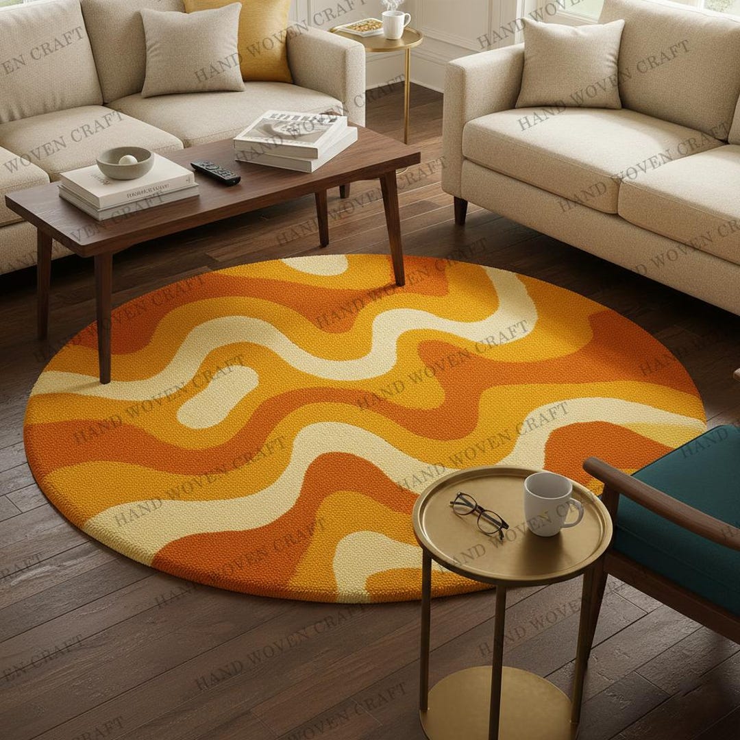 Hand Tufted Retro Wavy Rug, 70s Groovy Wool Circle Carpet, Orange ...