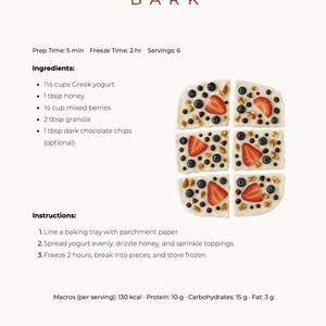 May include: Recipe for frozen yogurt bark with text "FROZEN YOGURT BARK". The recipe includes ingredients like Greek yogurt, honey, mixed berries, granola, and dark chocolate chips. The image shows the finished product cut into squares, topped with berries and chocolate.