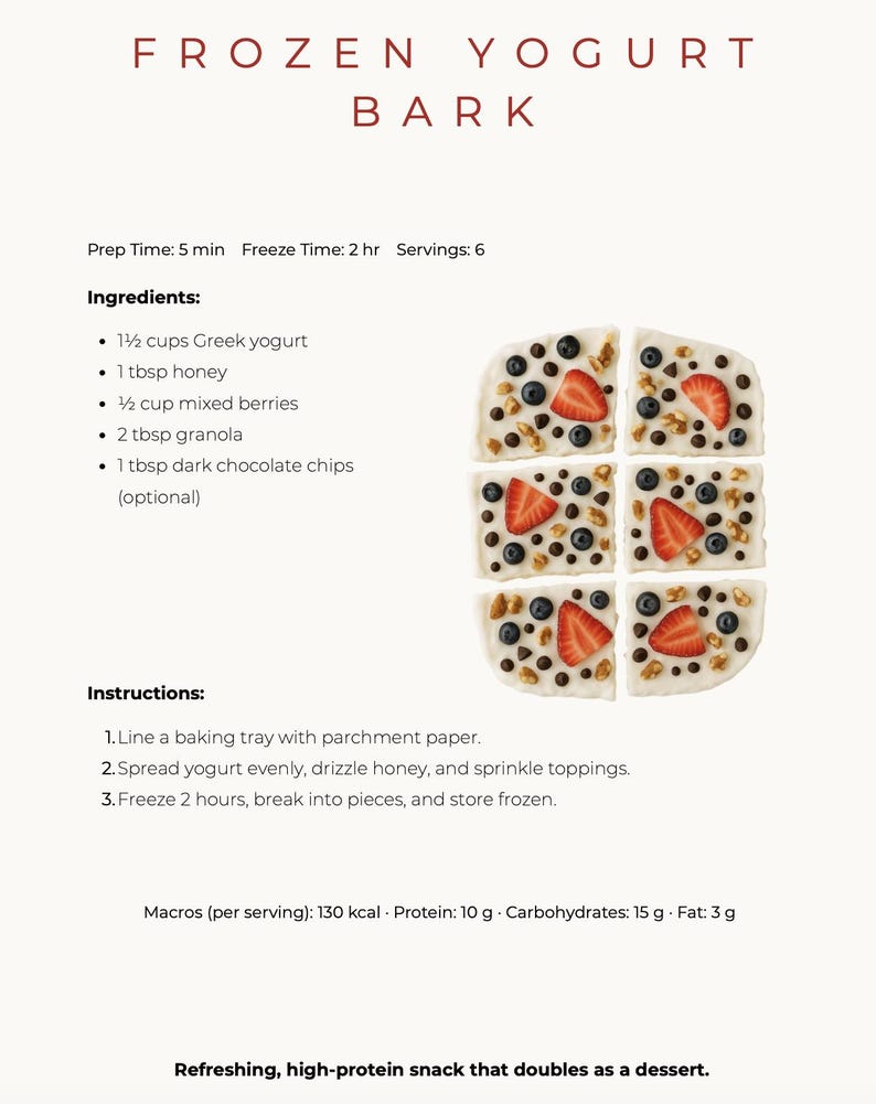 May include: Recipe for frozen yogurt bark with text "FROZEN YOGURT BARK". The recipe includes ingredients like Greek yogurt, honey, mixed berries, granola, and dark chocolate chips. The image shows the finished product cut into squares, topped with berries and chocolate.