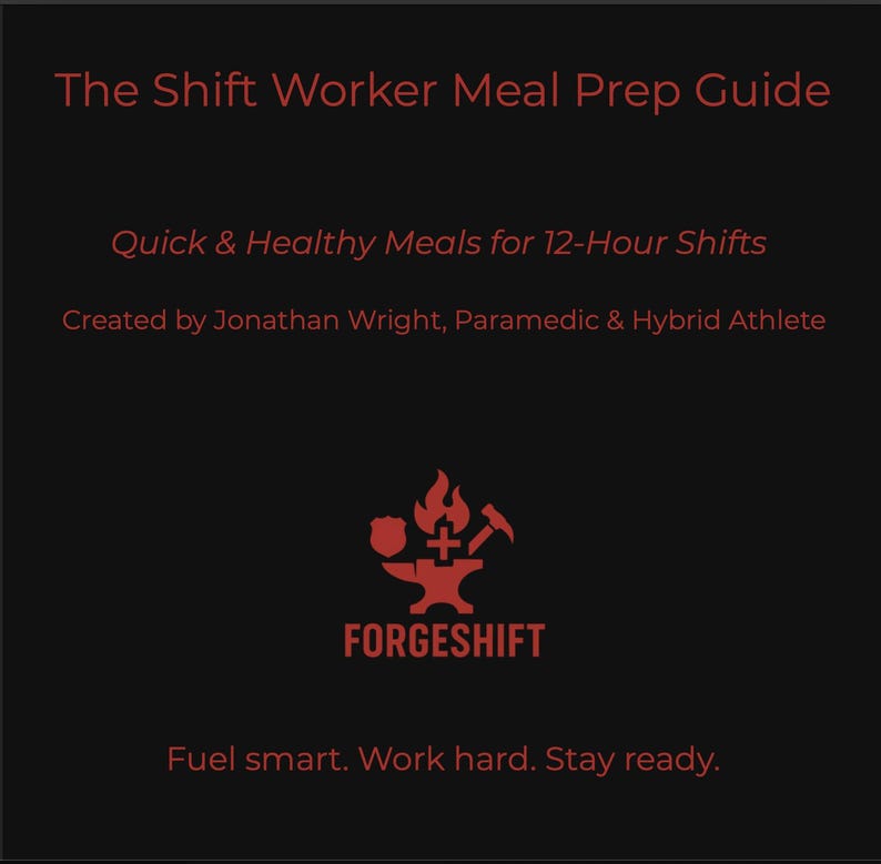 May include: A dark background with red text that reads "The Shift Worker Meal Prep Guide." Below, it says "Quick & Healthy Meals for 12-Hour Shifts." The author is Jonathan Wright. A red logo with a flame, anvil, and hammer is below the text. The word "FORGESHIFT" is below the logo.