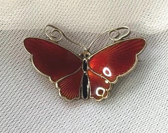 Vintage David-Andersen Butterfly Brooch: Red Enamel Guilloché Sterling Silver Pin