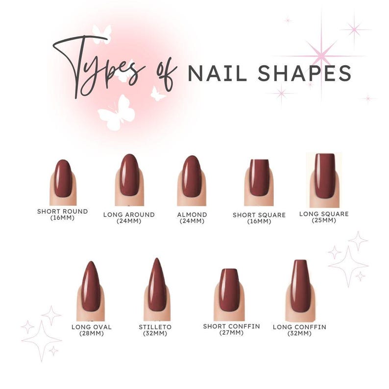 May include: A diagram showcasing various nail shapes, including short round, long around, almond, short square, long square, long oval, stiletto, short coffin, and long coffin. Each nail is painted a deep red color, with measurements in millimeters.