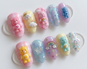 Care Bears 3D Press On Nails, Kawaii Pastel Rainbow Glitter Fake Nails