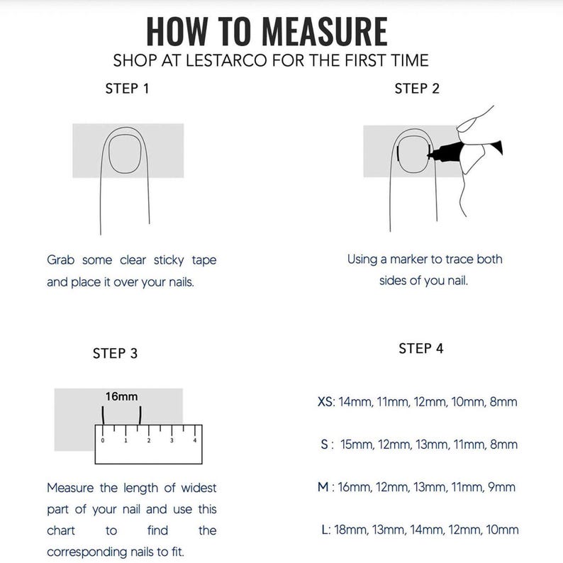 May include: A white graphic with instructions on how to measure nails. The text reads "HOW TO MEASURE" and "SHOP AT LESTARCO FOR THE FIRST TIME". Steps include using tape, tracing, measuring with a ruler, and a size chart.