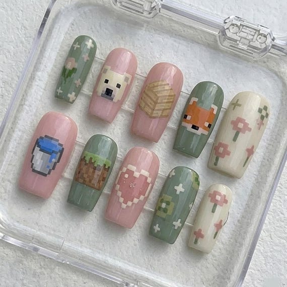 Minecraft Cottagecore Press On Nails | Pixel Art Fox & Polar Bear