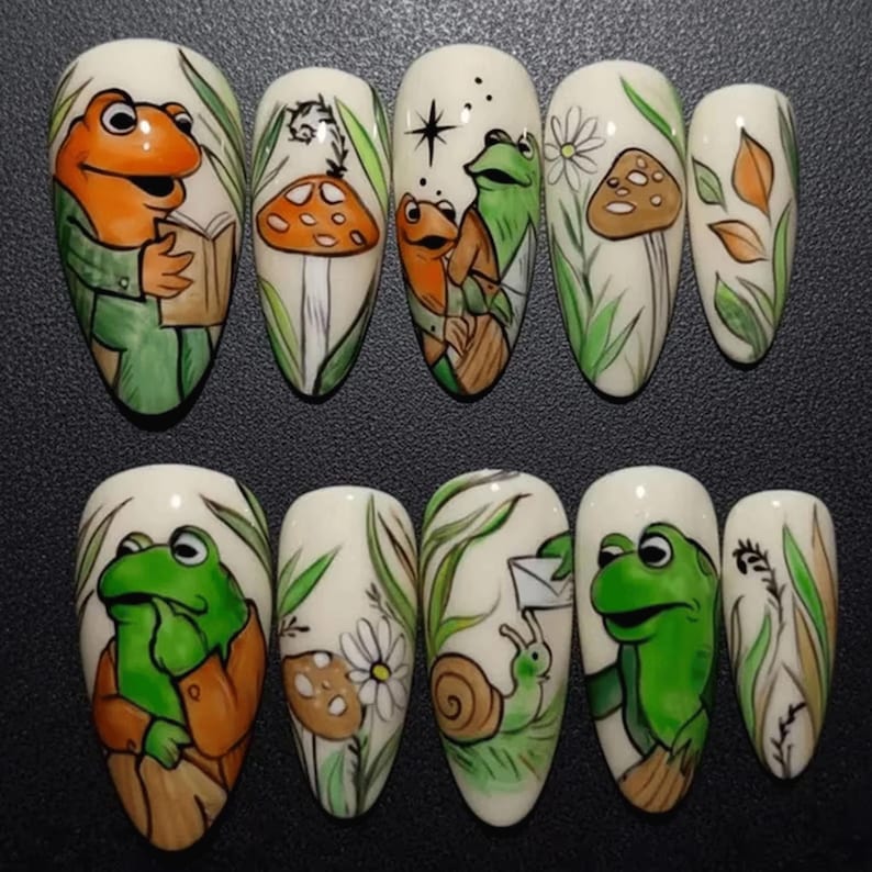 Toad Nails Frog and Toad Press on Nails | Handpainted Storybook Nail Art - Etsy