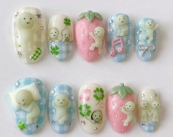 Smiski Press On Nails, Kawaii Anime Figure Art, Pastel Gingham Strawberry, Glow In Dark