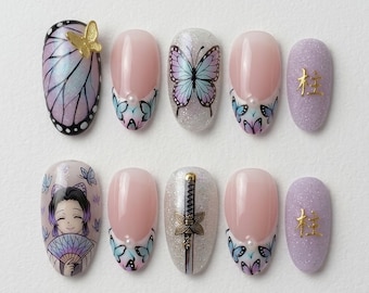 Handmade Demon Slayer Shinobu Kocho Butterfly French Press On Nails, 3D Art, Almond Shape