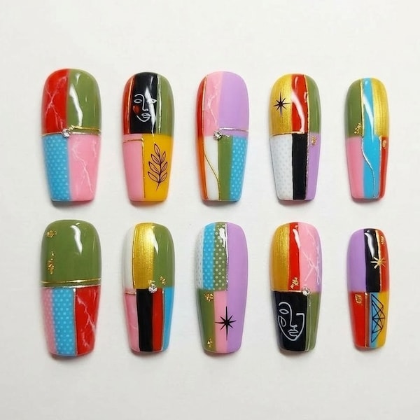 Handmade Abstract Art Press On Nails | Bauhaus Geometry & Minimalist Line Portrait Nails