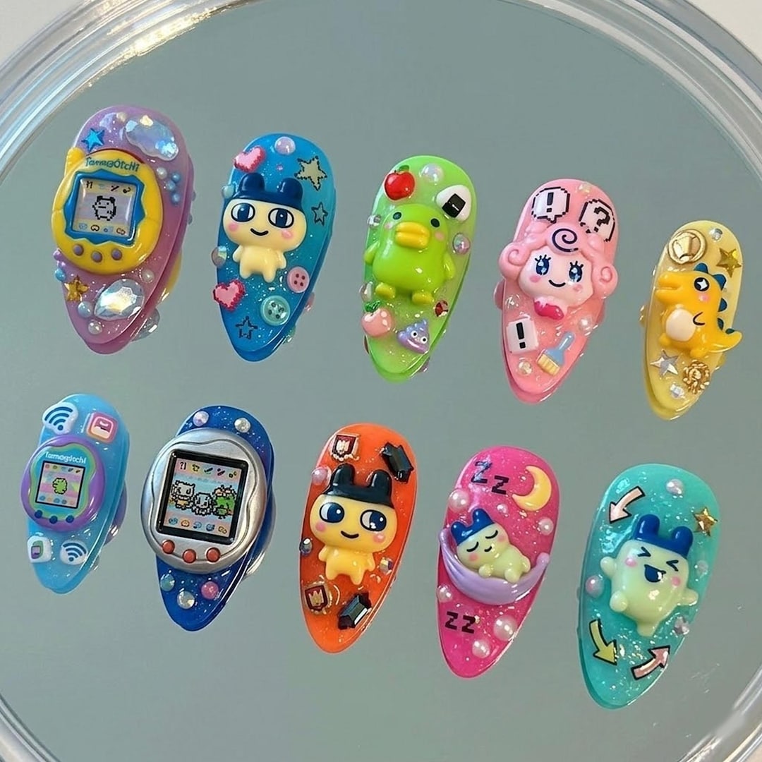 Y2K Tamagotchi Press on Nails | Kawaii Virtual Pet Gamer Art (mametchi, Kuchipatchi) - Etsy