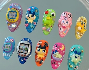Y2K Tamagotchi Press On Nails | Kawaii Virtual Pet Gamer Art (Mametchi, Kuchipatchi)