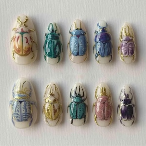 Hand Painted Beetle Press On Nails | Vintage Insect Art Nail Set | Nature Inspired Gold Foil Bug Design | Unique Artistic Nails