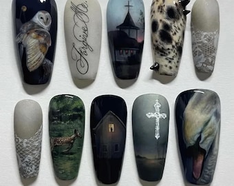 Hand Painted Gothic Press On Nails | Dark Americana, Owl & Swan