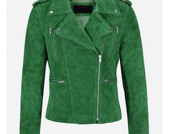 Women’s Green Suede Leather Moto Jacket – Timeless Biker Style Outerwear