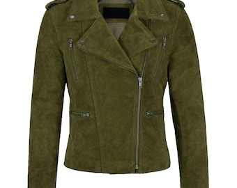 Women’s Olive Green Suede Leather Moto Jacket – Timeless Biker Style Outerwear