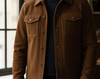 Men's Brown Wool Jacket - Buttoned Front, Tailored Fit