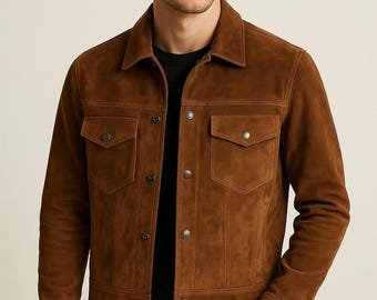 Men's Brown Wool Jacket - Buttoned Front, Chest Pockets