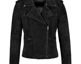 Women’s Black Suede Leather Moto Jacket – Timeless Biker Style Outerwear