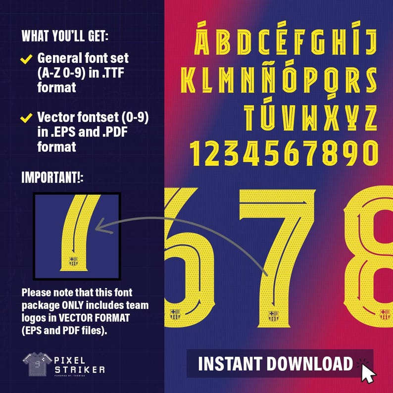 May include: A digital graphic design featuring a yellow font set against a gradient background of red and blue. The image displays the alphabet, numbers, and the text "INSTANT DOWNLOAD". Additional text details the font format.