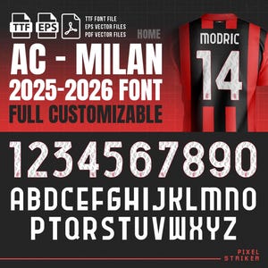 Puede incluir: Un diseño gráfico con la fuente AC Milan 2025-2026, con números y letras blancos y texturizados. La imagen incluye una camiseta con "MODRIC" y el número "14". El texto indica formatos de archivo TTF, EPS y PDF.