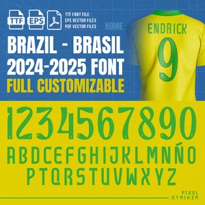 May include: A digital graphic featuring a yellow and green font set, with numbers and letters. The text "BRAZIL - BRASIL 2024-2025 FONT" is displayed. A yellow jersey with the name "ENDRICK" and the number "9" is also shown.