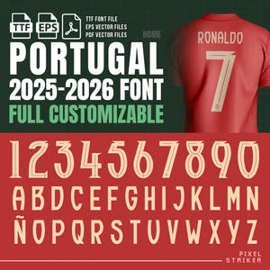 Może przedstawiać: Czerwona koszulka piłkarska Portugalii z nazwiskiem "Ronaldo" i numerem "7". Obraz zawiera również zestaw czcionek z cyframi i literami oraz tekst "PORTUGAL 2025-2026 FONT FULL CUSTOMIZABLE".