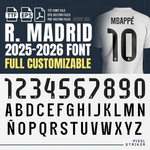 Könnte beinhalten: Weißes Trikot mit dem Namen "MBAPPÉ" und der Nummer "10" in Schwarz. Darunter wird ein Schriftsatz mit Zahlen und Buchstaben für "R. Madrid 2025-2026" angezeigt. Der Text "FULL CUSTOMIZABLE" ist ebenfalls sichtbar.