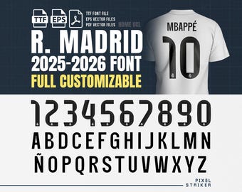 Fuente vectorial para la camiseta del Real Madrid 25-26 / Tipografía estilo UCL / Kylian Mbappé, Valverde, Arnold, Champions League / TTF, PDF, EPS