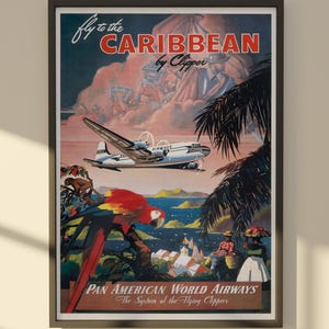 Vintage Caribbean Poster & Canvas, Retro Pan Am Clipper Wall Art,Antique Tropical Parrot Print, Mid Century Aviation Decor, Gallery Art