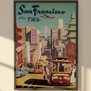 Vintage San Francisco Poster & Canvas,Retro TWA Airline Wall Art,Antique California Cable Car Print, Mid Century City Decor,Gallery Art