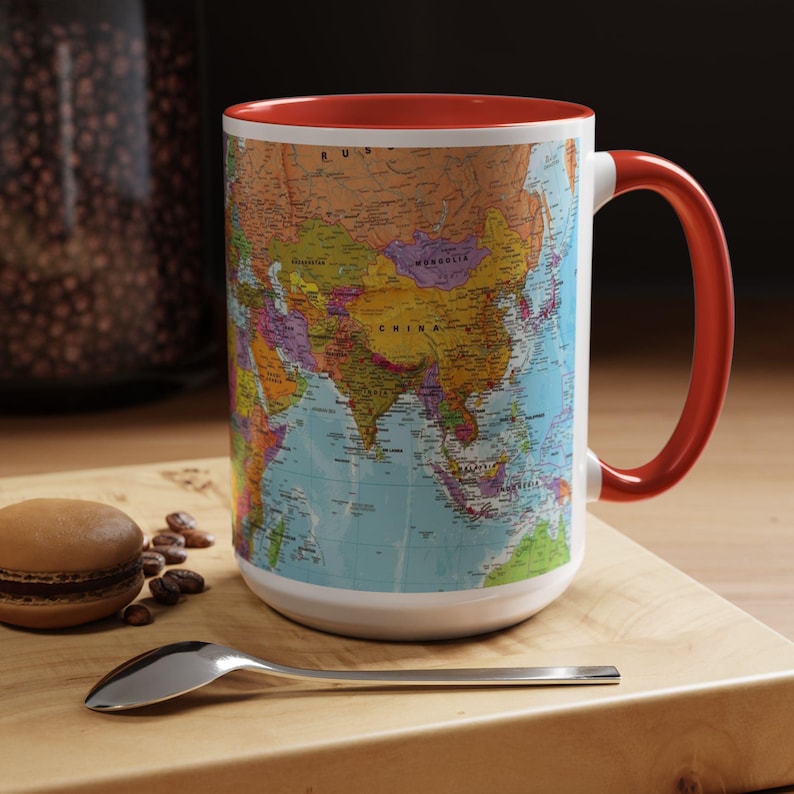 Kleurrijke mok wereldkaart, levendig geografieontwerp, 11 oz keramiek afbeelding 13
